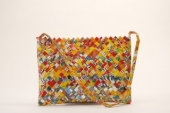 Description: Large Mulit-Colored Recycled Potato Chip Bag with Woven Handles